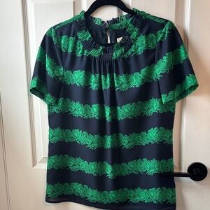 J. Crew Navy Blouse with Green Floral Stripes